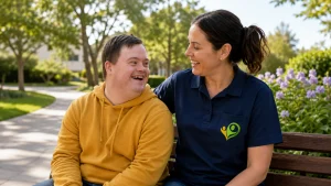 NDIS support worker and participant enjoying a community activity together